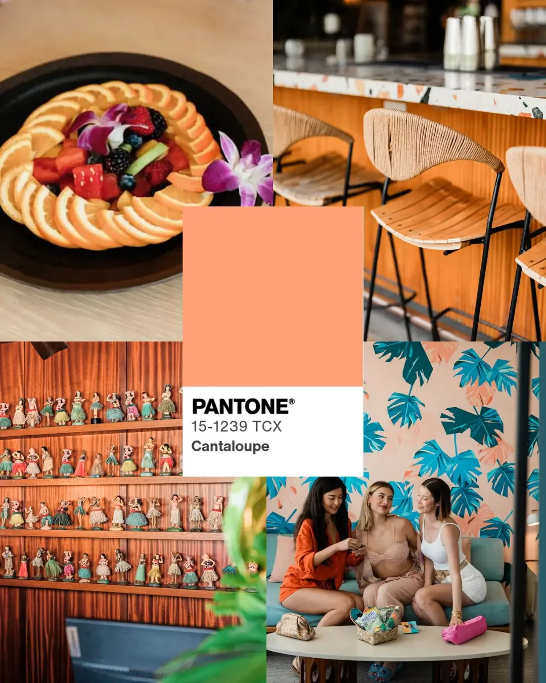 Pantone Biscay Bay color chip with teal booths, tiles and cocktails