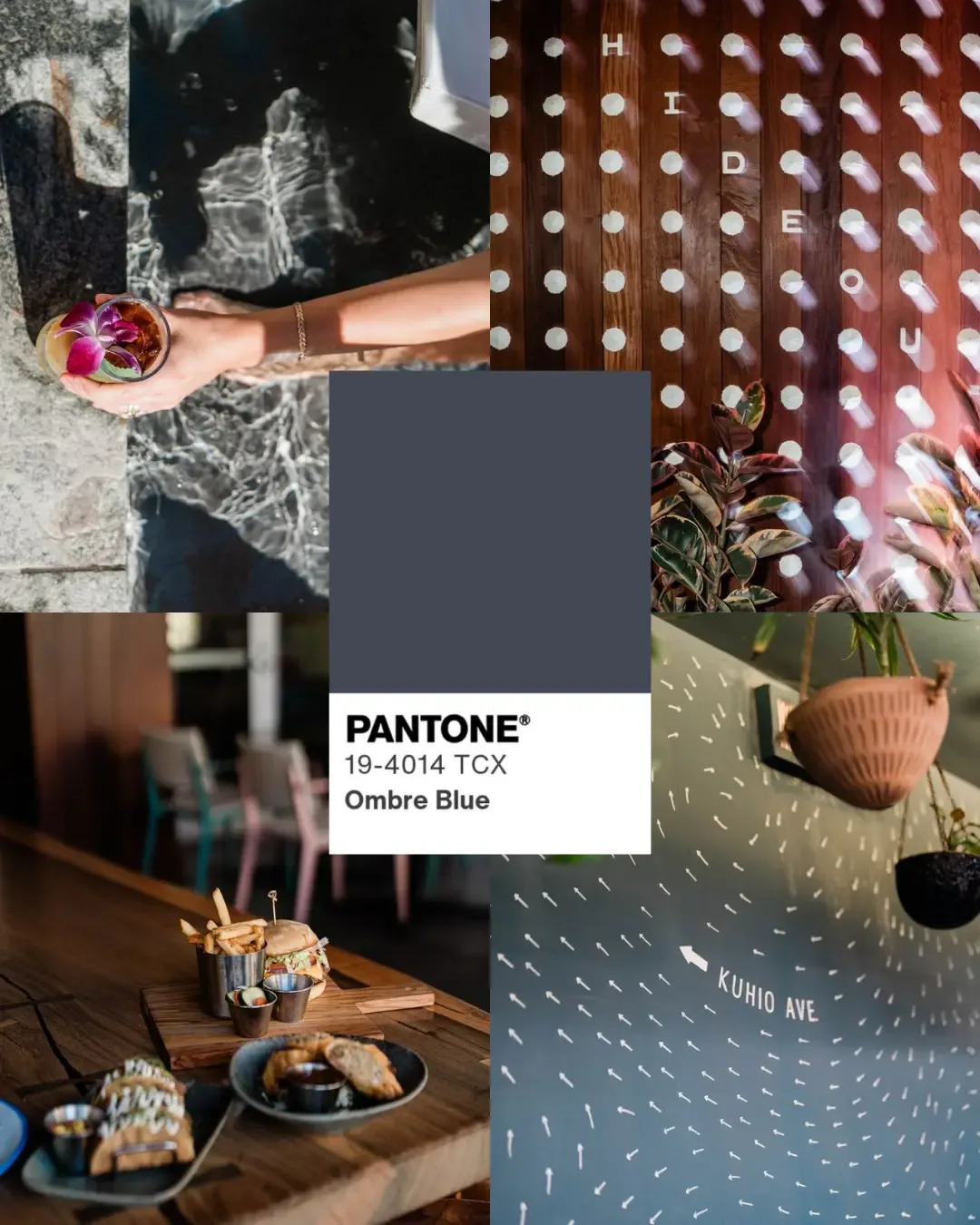 Pantone Peach Adobe color chip with beach, pink desserts and tropical wallpaper