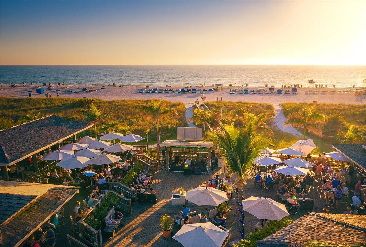 Beach bar deck at sunset