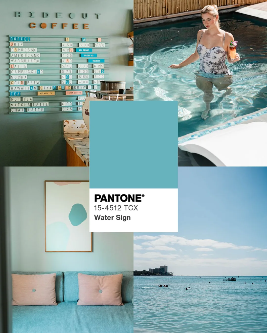 Pantone Water Sign color chip with a coffee menu, pool and pastel sofa