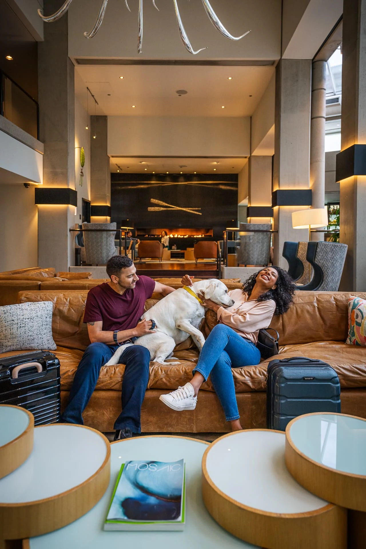 Couple laughing with their dog on a leather sofa in a hotel lobby