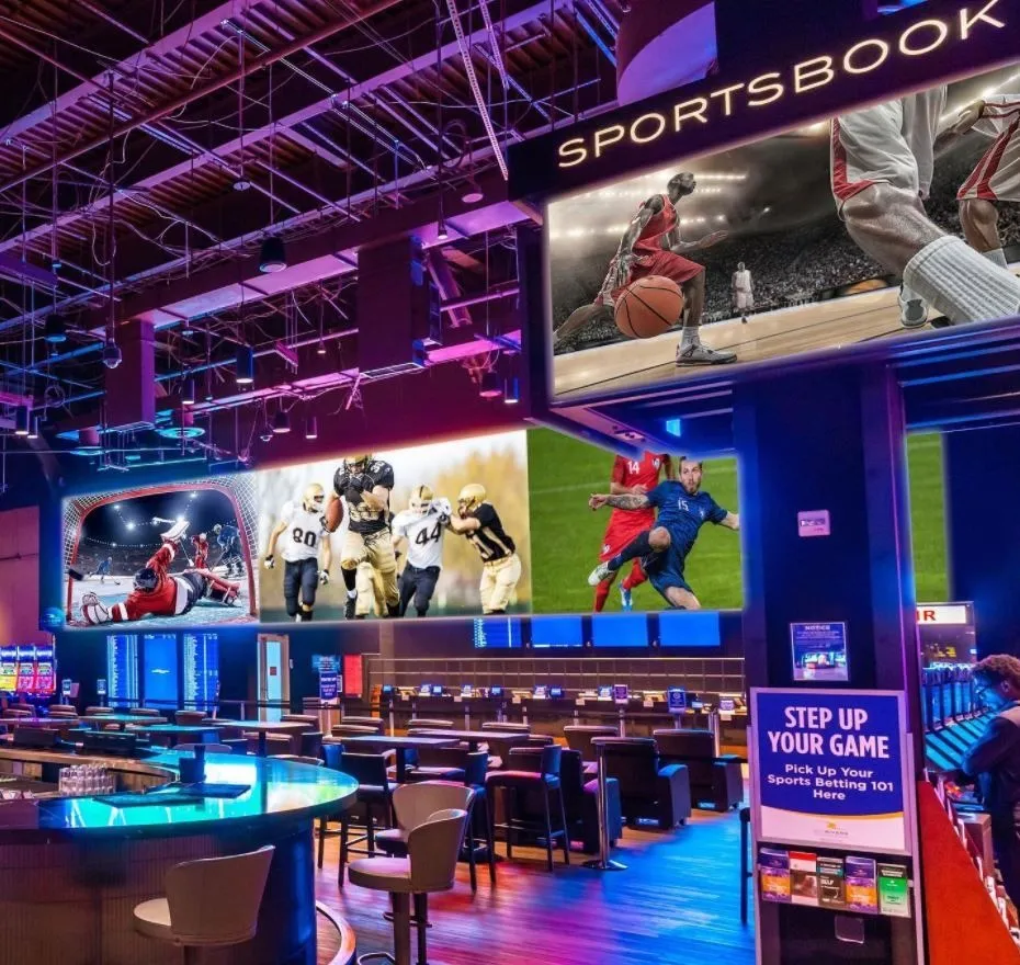 Sportsbook lounge with giant video walls